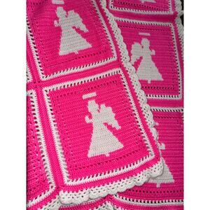 Handmade Pink White Knit Crochet Afghan Throw Baby Girl Blanket Angels